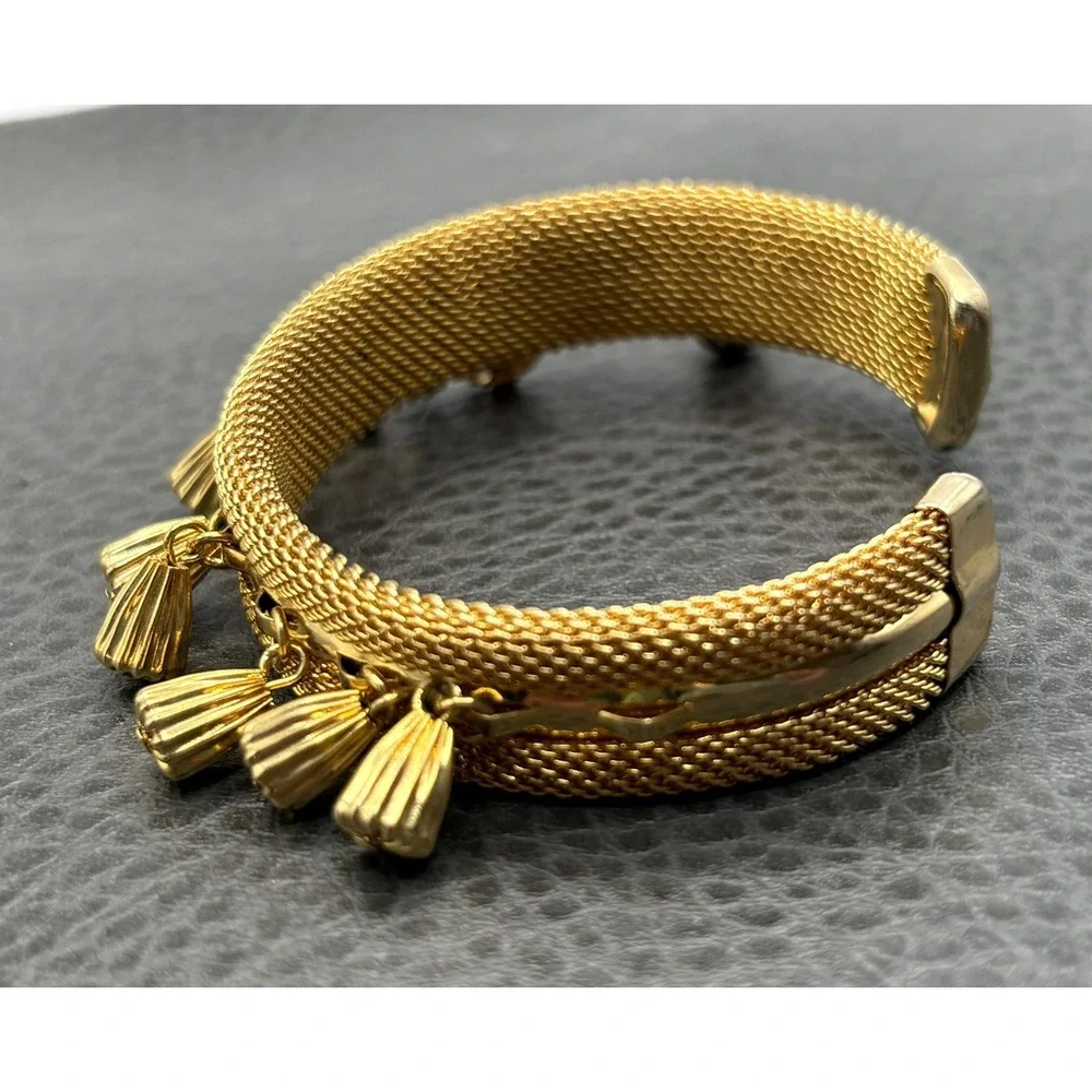 Vintage Mesh Bracelet Cuff Charm Dangle Cross Madonna Medal Gold Tone